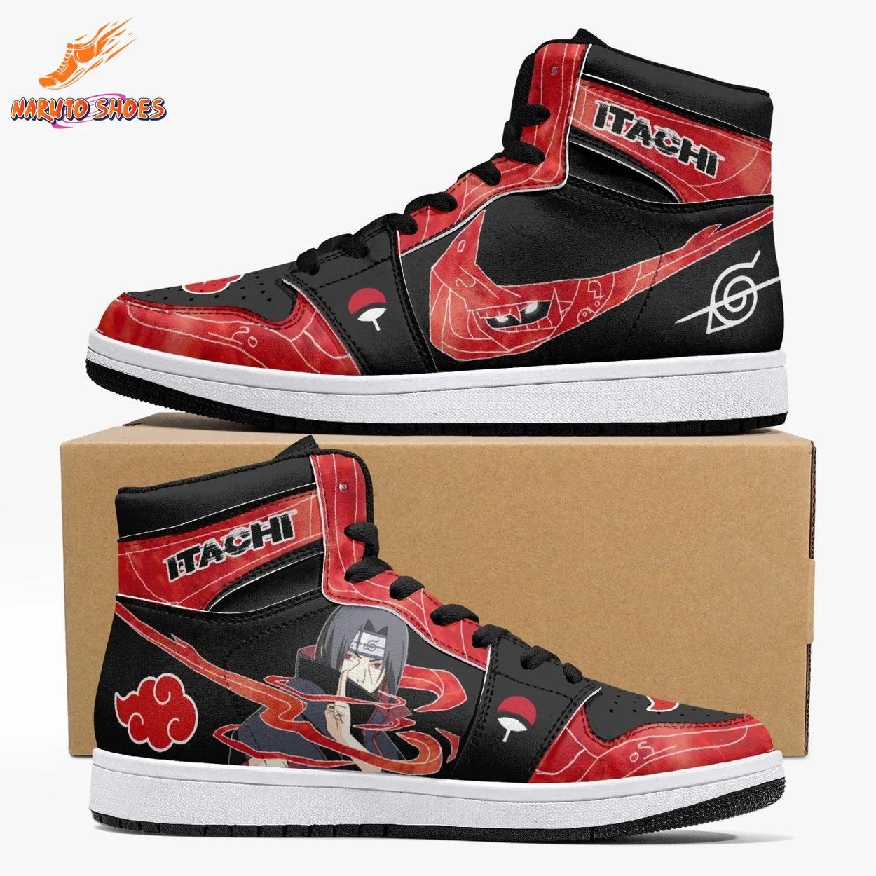 Itachi Akatsuki Jordans with Uchiha Red Black Anime Artwork Itachi Akatsuki Jordans with Uchiha Red Black Anime Artwork