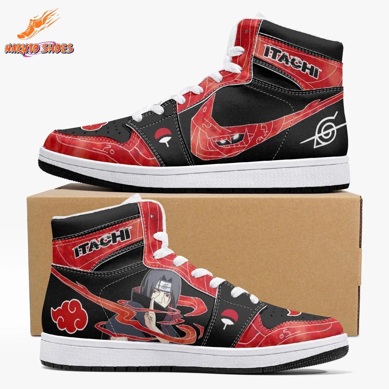 Itachi Akatsuki Jordans with Uchiha Red Black Anime Artwork Itachi Akatsuki Jordans with Uchiha Red Black Anime Artwork